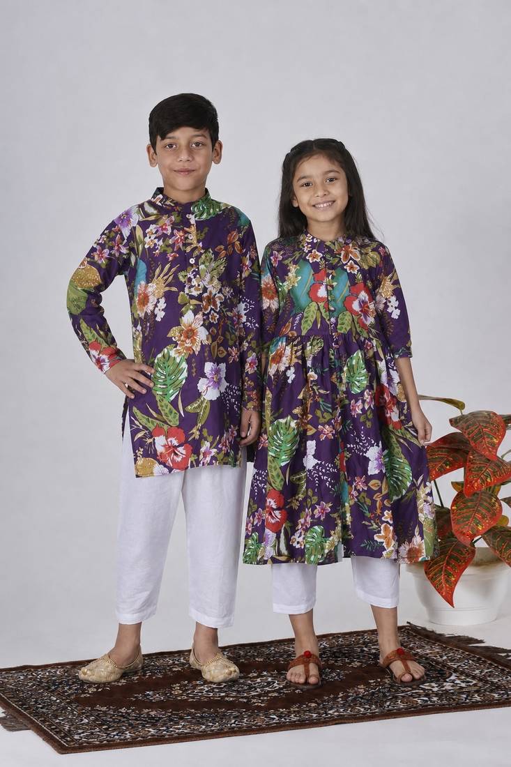 Purple printed cotton kurta set & kurta pant brother sister matching combo