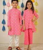 Pink block printed cotton kurta set & kurta pyjama brother sister matching combo