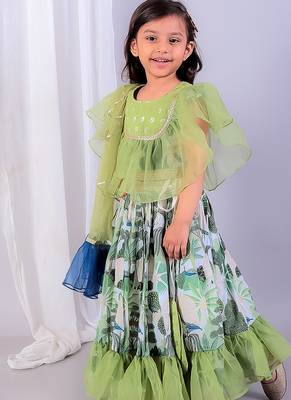 Green printed organza & cotton silk lehenga choli & kurta pyjama brother sister matching combo 2