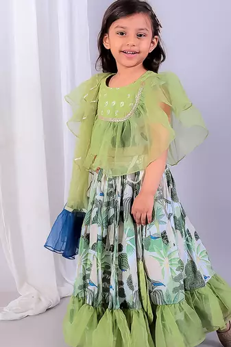 Green printed organza & cotton silk lehenga choli & kurta pyjama brother sister matching combo