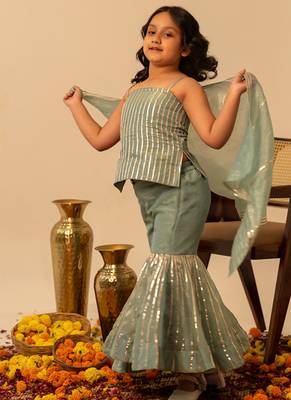 Sage green gota embroidered shimmer sharara set & kurta pant brother sister matching combo 2