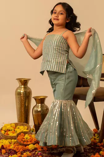 Sage green gota embroidered shimmer sharara set & kurta pant brother sister matching combo