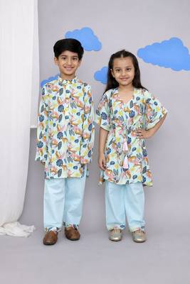 Blue printed cotton silk kaftan & kurta pant brother sister matching combo 1