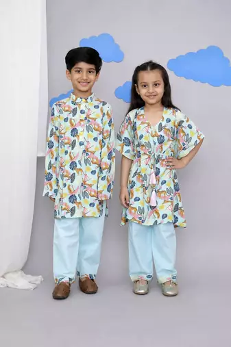 Blue printed cotton silk kaftan & kurta pant brother sister matching combo