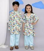Blue printed cotton silk kaftan & kurta pant brother sister matching combo