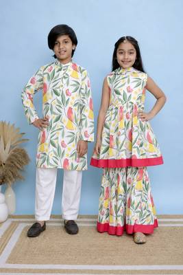 White printed cotton sharara set & kurta pyjama brother sister matching combo 1