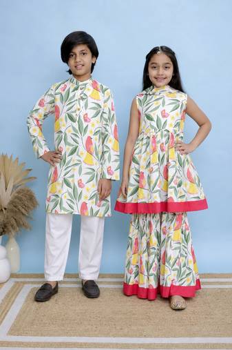 White printed cotton sharara set & kurta pyjama brother sister matching combo