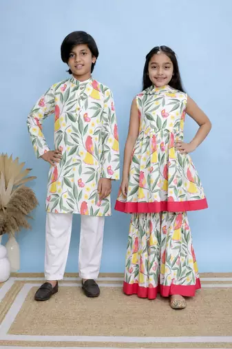 White printed cotton sharara set & kurta pyjama brother sister matching combo