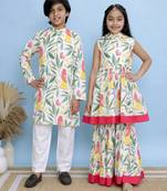 White printed cotton sharara set & kurta pyjama brother sister matching combo