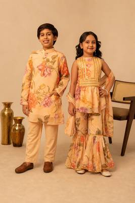 Peach & yellow printed muslin sharara set & kurta pant brother sister matching combo 1