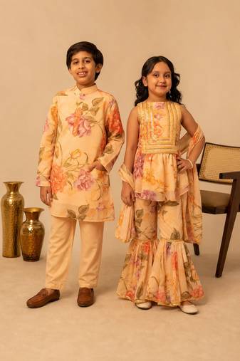 Peach & yellow printed muslin sharara set & kurta pant brother sister matching combo