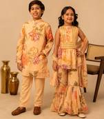 Peach & yellow printed muslin sharara set & kurta pant brother sister matching combo