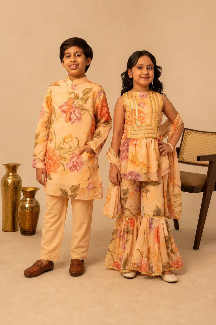 Peach & yellow printed muslin sharara set & kurta pant brother sister matching combo