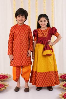 Mustard, red & orange woven silk blend lehenga choli & dhoti kurta brother sister matching combo 1