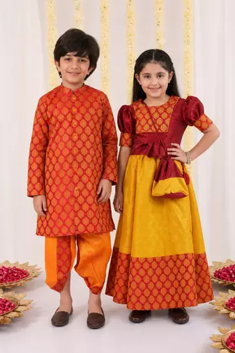 Mustard, red & orange woven silk blend lehenga choli & dhoti kurta brother sister matching combo