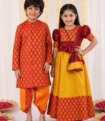 Mustard, red & orange woven silk blend lehenga choli & dhoti kurta brother sister matching combo