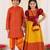 Mustard, red & orange woven silk blend lehenga choli & dhoti kurta brother sister matching combo