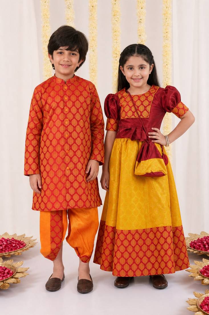 Mustard, red & orange woven silk blend lehenga choli & dhoti kurta brother sister matching combo