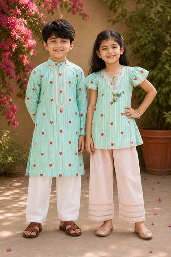 Mint green printed cotton kurta set & kurta pant brother sister matching combo