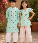Mint green printed cotton kurta set & kurta pant brother sister matching combo