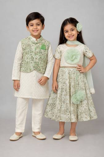 Green embroidered georgette & cotton silk lehenga choli & kurta jacket brother sister matching combo