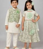 Green embroidered georgette & cotton silk lehenga choli & kurta jacket brother sister matching combo