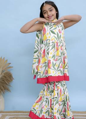 White printed cotton sharara set & kurta pyjama brother sister matching combo 2