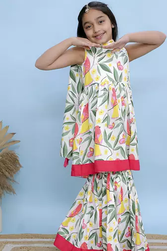 White printed cotton sharara set & kurta pyjama brother sister matching combo