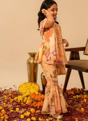 Peach & yellow printed muslin sharara set & kurta pant brother sister matching combo 2