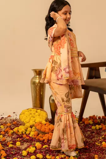Peach & yellow printed muslin sharara set & kurta pant brother sister matching combo