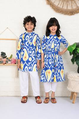 Blue & multicolor woven & printed cotton kurta set & kurta pyjama brother sister matching combo 1