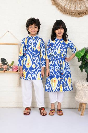Blue & multicolor woven & printed cotton kurta set & kurta pyjama brother sister matching combo