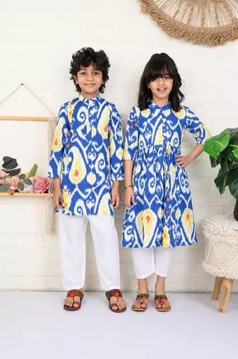 Blue & multicolor woven & printed cotton kurta set & kurta pyjama brother sister matching combo