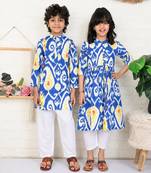 Blue & multicolor woven & printed cotton kurta set & kurta pyjama brother sister matching combo