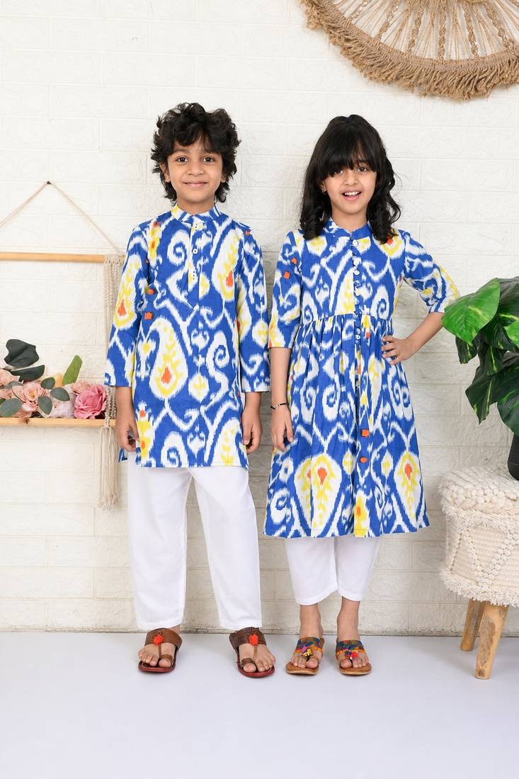 Blue & multicolor woven & printed cotton kurta set & kurta pyjama brother sister matching combo