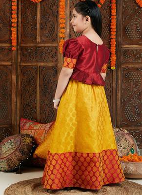 Mustard, red & orange woven silk blend lehenga choli & dhoti kurta brother sister matching combo 2