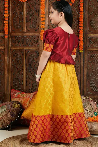 Mustard, red & orange woven silk blend lehenga choli & dhoti kurta brother sister matching combo