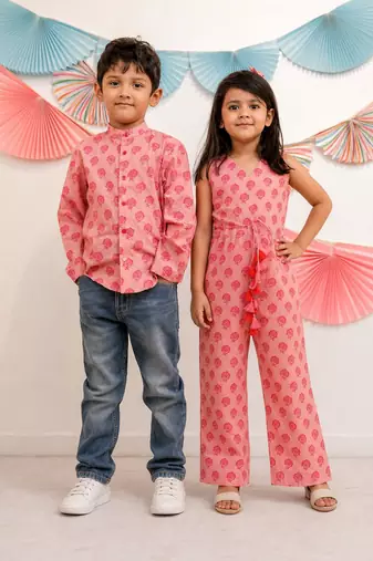 Pink printed cotton dress & shirt brother sister matching combo