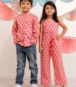 Pink printed cotton dress & shirt brother sister matching combo