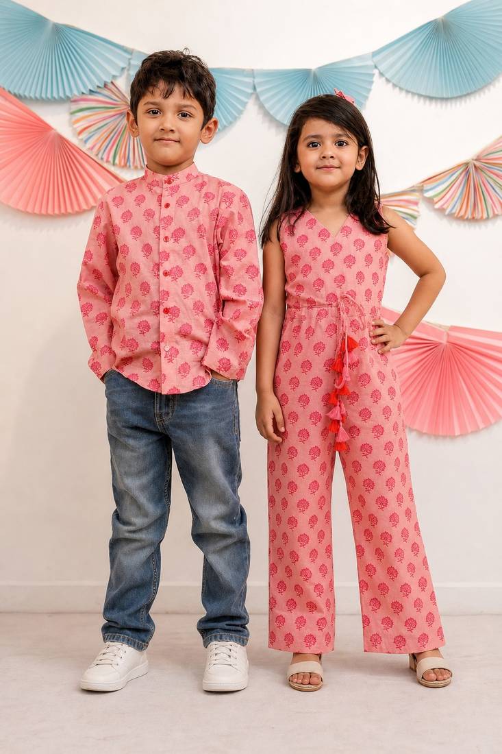 Pink printed cotton dress & shirt brother sister matching combo