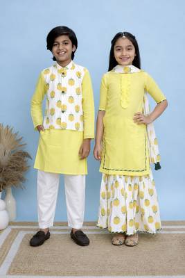 Yellow solid & printed cotton sharara set & kurta jacket brother sister matching combo 1