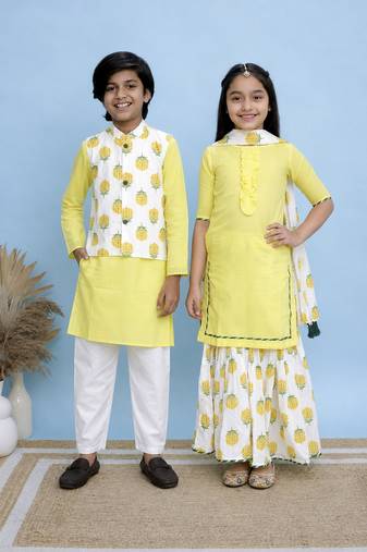 Yellow solid & printed cotton sharara set & kurta jacket brother sister matching combo