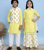 Yellow solid & printed cotton sharara set & kurta jacket brother sister matching combo