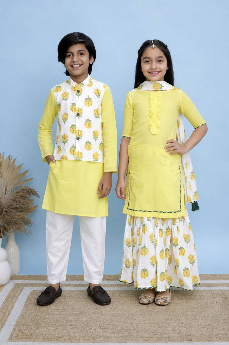 Yellow solid & printed cotton sharara set & kurta jacket brother sister matching combo