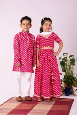 Pink leheriya cotton half sleeve lehenga choli & kurta pyjama brother sister matching combo 1