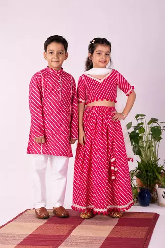 Pink leheriya cotton half sleeve lehenga choli & kurta pyjama brother sister matching combo