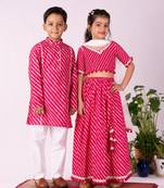 Pink leheriya cotton half sleeve lehenga choli & kurta pyjama brother sister matching combo