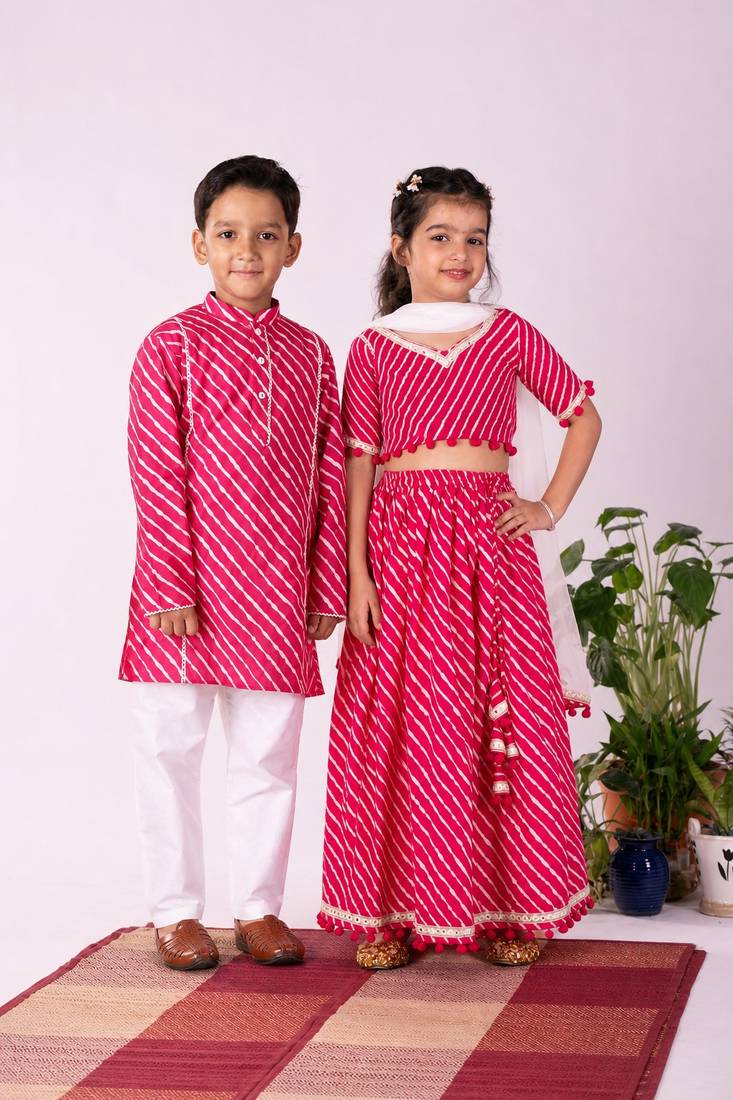 Pink leheriya cotton half sleeve lehenga choli & kurta pyjama brother sister matching combo