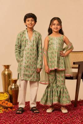 Sage green & mint green printed cotton sharara set & kurta pant brother sister matching combo 1