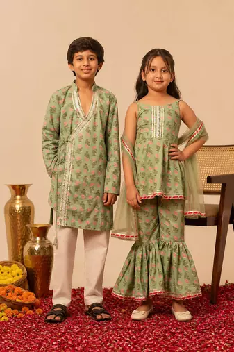 Sage green & mint green printed cotton sharara set & kurta pant brother sister matching combo